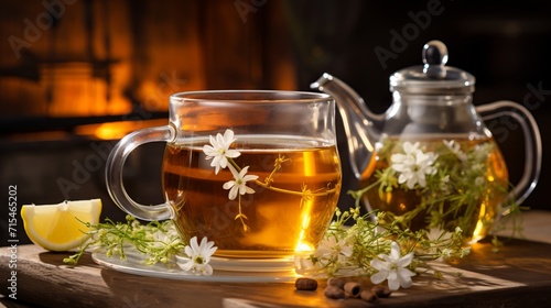 Relaxing and refreshing composition of chamomile tea and daisies with ample space for text placement