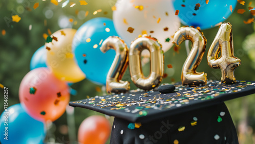 Graduation poster 2024. Graduate cap with balloons and confetti.