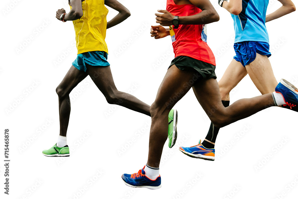 group african and european runners running marathon race isolated on transparent background