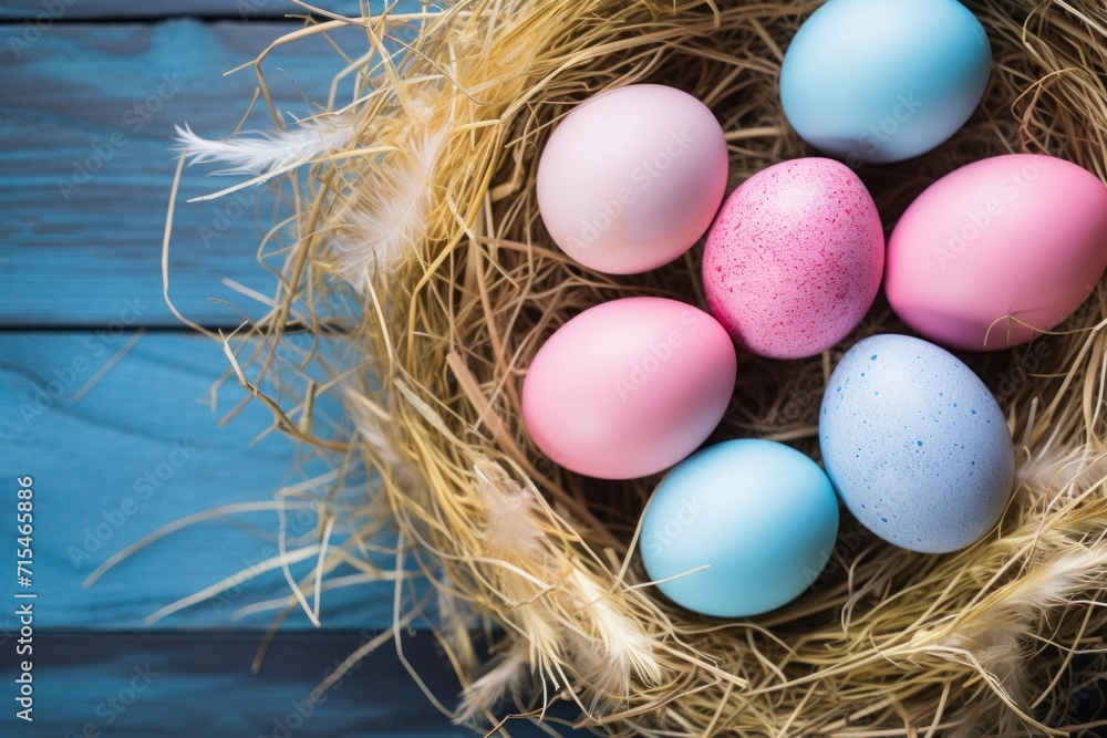 Soft hues of pink, blue, and yellow converge, providing an idyllic Easter background for advertising creativity. Soft hues of pink, blue, and yellow converge, providing an idyllic Easter background for advertising creativity.