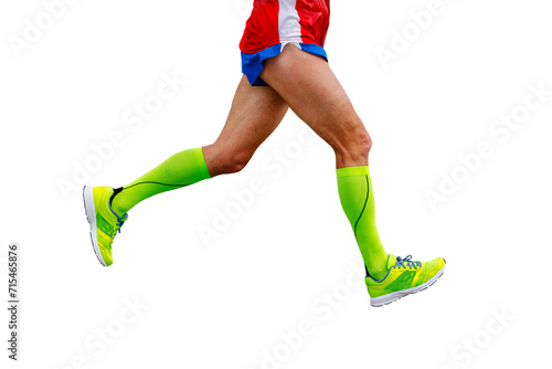 legs runner athlete running marathon in green compression socks isolated on transparent background