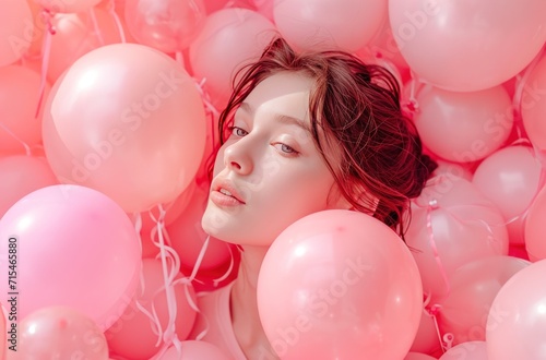 woman with balloons on pink background.