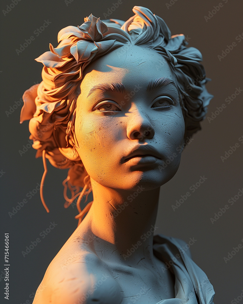 Marble statue bust of the beautiful woman passional posing on the gradient background. Strong woman posture. Stone statue of the woman.