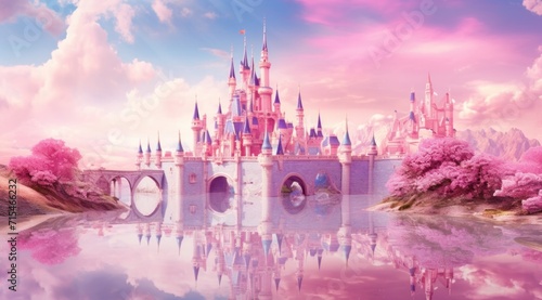 a castle is in the pink forest next to trees.