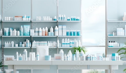 pharmaceutic store with white shelves and cosmetic products.