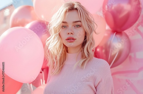 young blonde woman holding a beautiful bunch of balloons