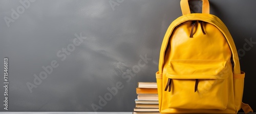 Back to school  full backpack with books isolated on grey backgroundcopy space available. photo