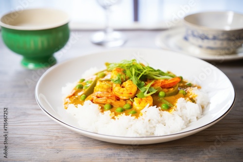prawn curry with vibrant green peas on white rice bed