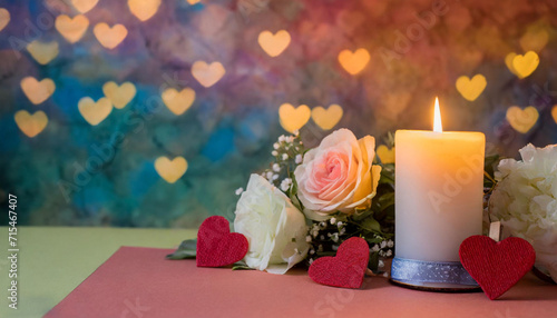 A candle, flowers and hearts on the table, enough space for writing on a colorful background.