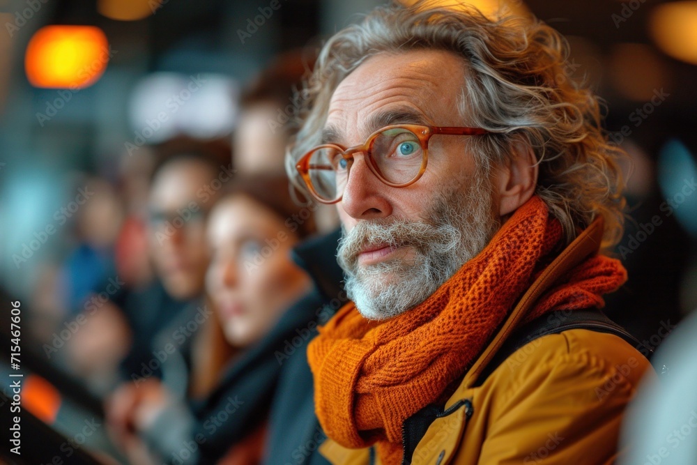 In a busy subway station, an intelligent senior man with eyewear waits in the commuter queue.