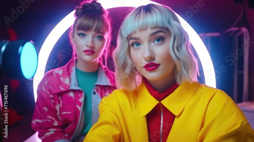 Two girls in vibrant clothes on a bright background are filming video