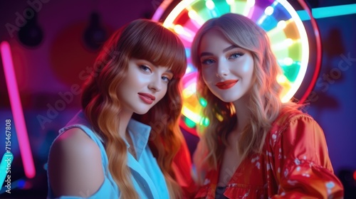 Two girls in vibrant clothes on a bright background are filming video
