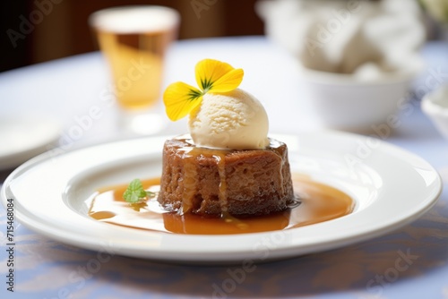 sticky toffee pudding with ice cream on top photo
