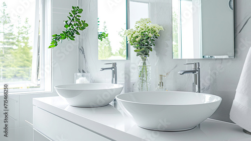 Bathroom With Two Sinks and Mirror in White and Gray
