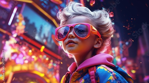 A little girl in vibrant clothes and glasses against the backdrop of augmented reality © brillianata