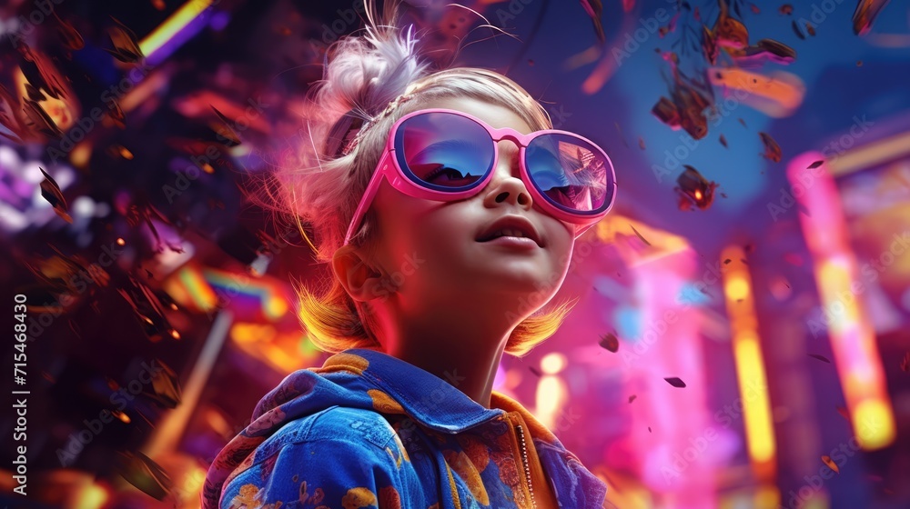 A little girl in vibrant clothes and glasses against the backdrop of augmented reality A little girl in vibrant clothes and glasses against the backdrop of augmented reality