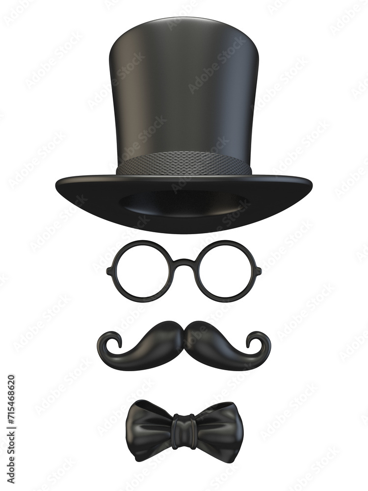 Black man mask with cylinder, glasses, mustache and bow tie 3D