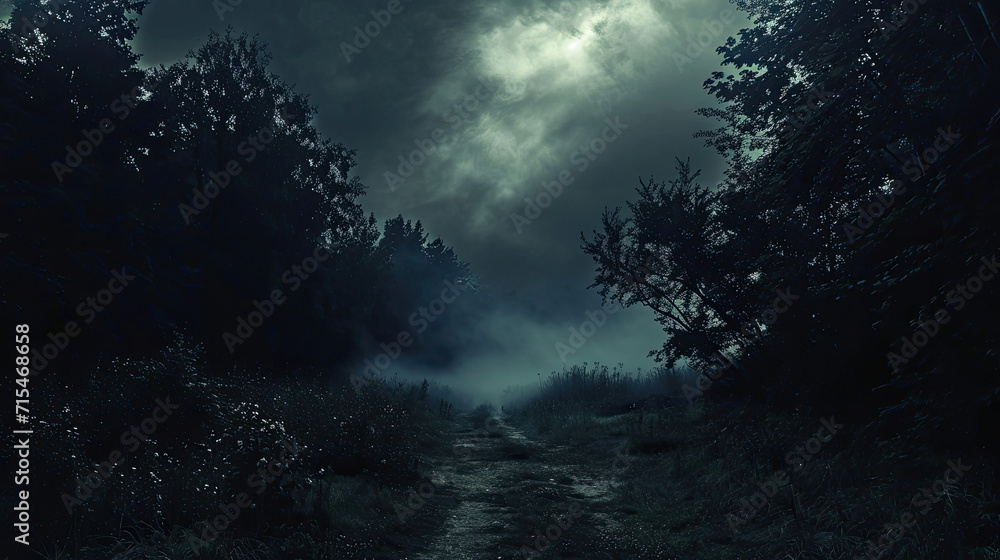 Serene Dirt Road Winding Through Enchanting Forest Under Starlit Night Serene Dirt Road Winding Through Enchanting Forest Under Starlit Night