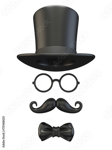 Black man mask with cylinder, glasses, mustache and bow tie 3D