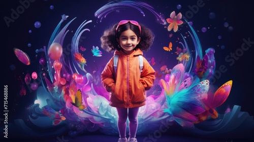 A little girl in vibrant clothes against the backdrop of augmented reality