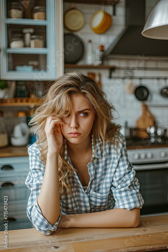 Woman Sitting at Kitchen Table, Engaged in Conversation and Contemplation
