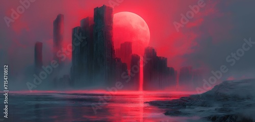 AI generated illustration of a vibrant cityscape at twilight with a moon illuminating the sky