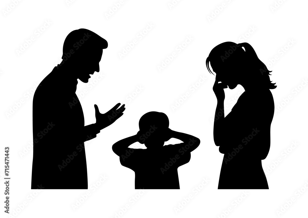 Arguing couple, silhouettes of quarreling parents and little child covering ears, unhappy family