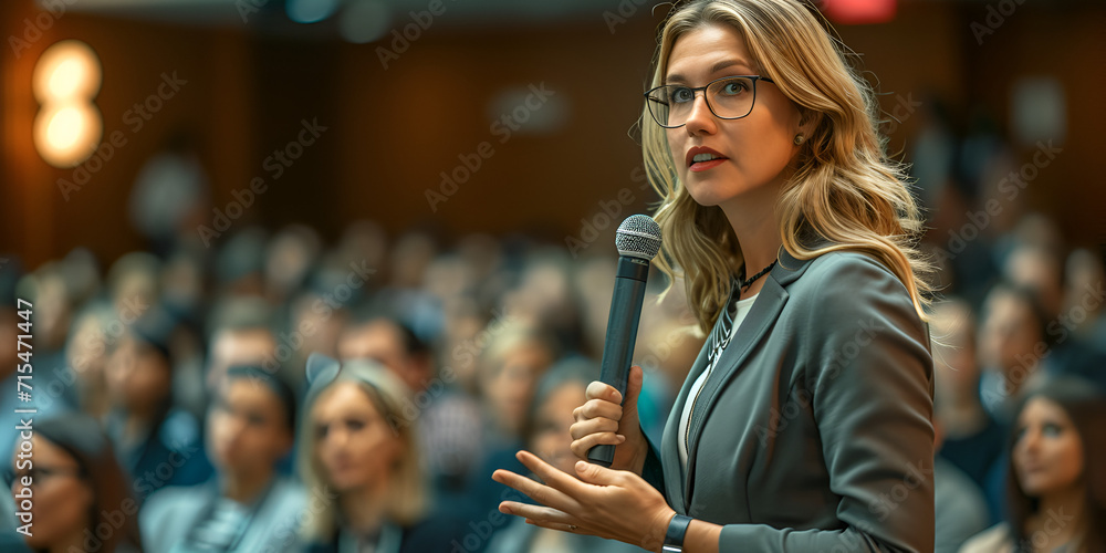 Female manager asking a question from audience while participating in business seminar at convention center, generative ai - obrazy, fototapety, plakaty 