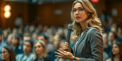 Female manager asking a question from audience while participating in business seminar at convention center, generative ai photo