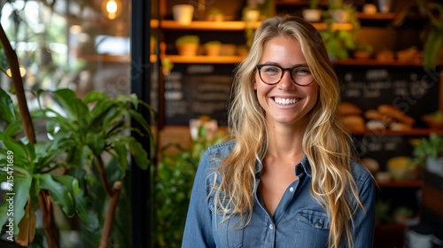 Cheerful business woman in glasses looking at copy space for job opportunities and services