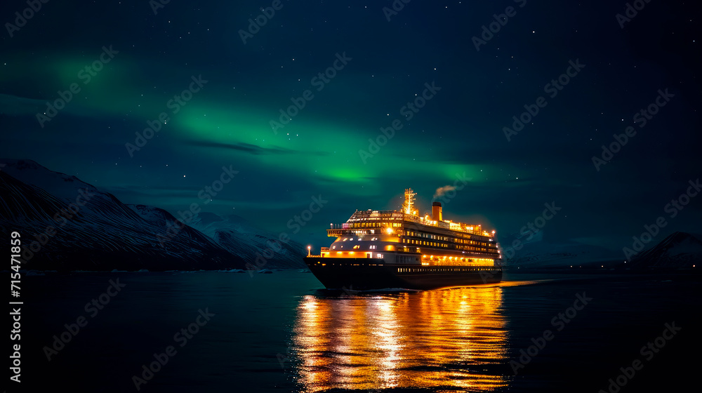 The beautiful cruise ship sailing close the islands in the night with  the aurora-borealis in the sky.