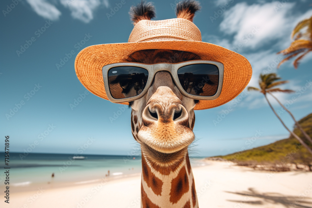 illustration of an giraffe wearing sunglasses on the beach. Created with Generative AI