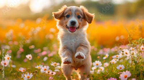 Cute puppy are playing on the summer meadow full of colorful flowers. photo