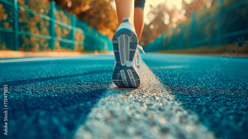 Close-up of female athlete legs wearing running shoes and jogging on a synthetic surface of running track.