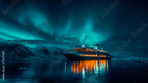 The beautiful cruise ship sailing close the islands in the night with  the norther lights in the sky. photo