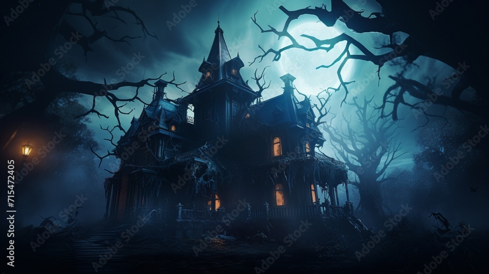 A decaying, haunted mansion engulfed in darkness, its spectral corridors and hollow chambers giving rise to an unnerving sensation of unseen, lurking malevolence. - Generative AI