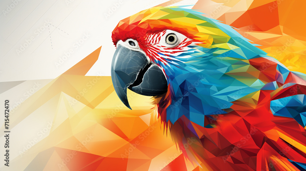 Fototapeta premium Illustration polygonal drawing of blue wing macaw bird with tropical leaf. Ara parrot. Macaw. Photo realistic