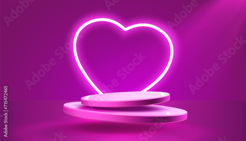 Neon podium heart frame, banner decoration. Vector illustration