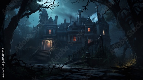 A desolate  creaking Victorian mansion with overgrown  thorny vines covering its facade  casting haunting shadows in the moonlight - Generative AI