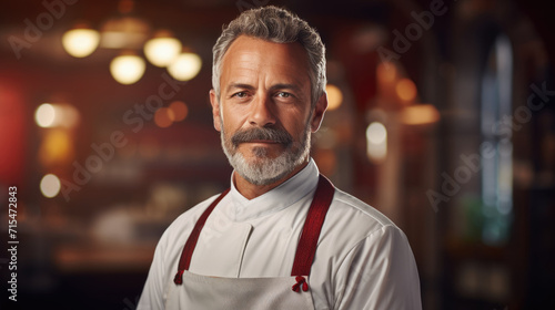An adult male waiter in uniform in an expensive prestigious restaurant. Portrait on a blurred background.
