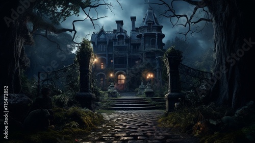 A desolate, creaking Victorian mansion with overgrown, thorny vines covering its facade, casting haunting shadows in the moonlight - Generative AI photo