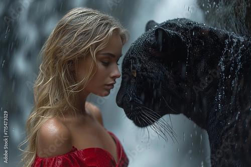 Beautiful blonde woman with long hair standing next to panther with rain. Mujer bella rubia con pelo largo junto pantera con lluvia. photo