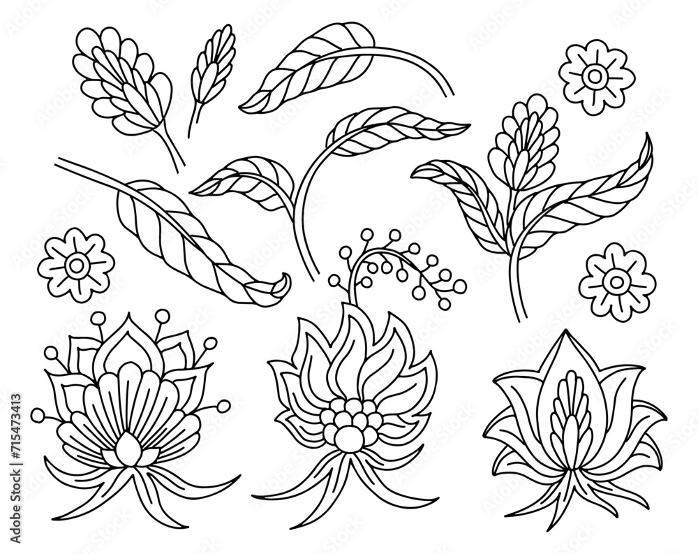 Collection of Indian style monochrome floral motifs isolated on white background Collection of Indian style monochrome floral motifs isolated on white background