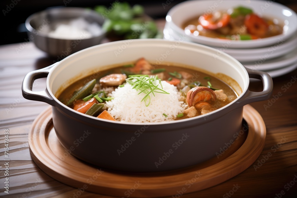 seafood gumbo served with white rice in a deep dish