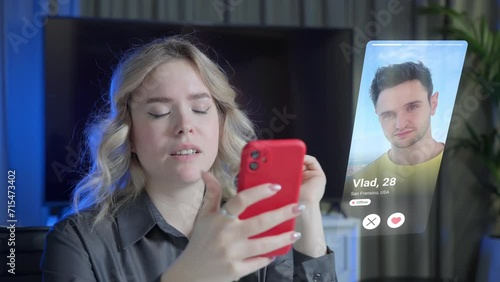 Visual concept of the young woman using dating app on smartphone and gets a match. Attractive blonde woman in modern home interior looking for a man in a dating app