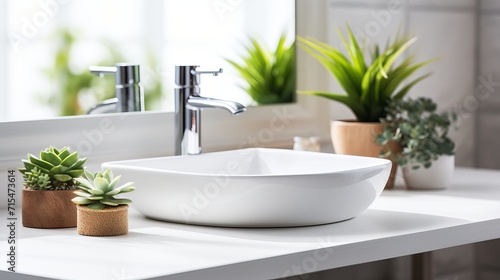 Contemporary white sink and faucet in modern bathroom interior with sleek design and elegant finish