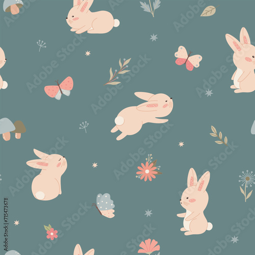Seamless pattern with minimalistic childish bunny flowers. Cute vector illustration in pastel colors with floral elements, for design, fabric and textiles.