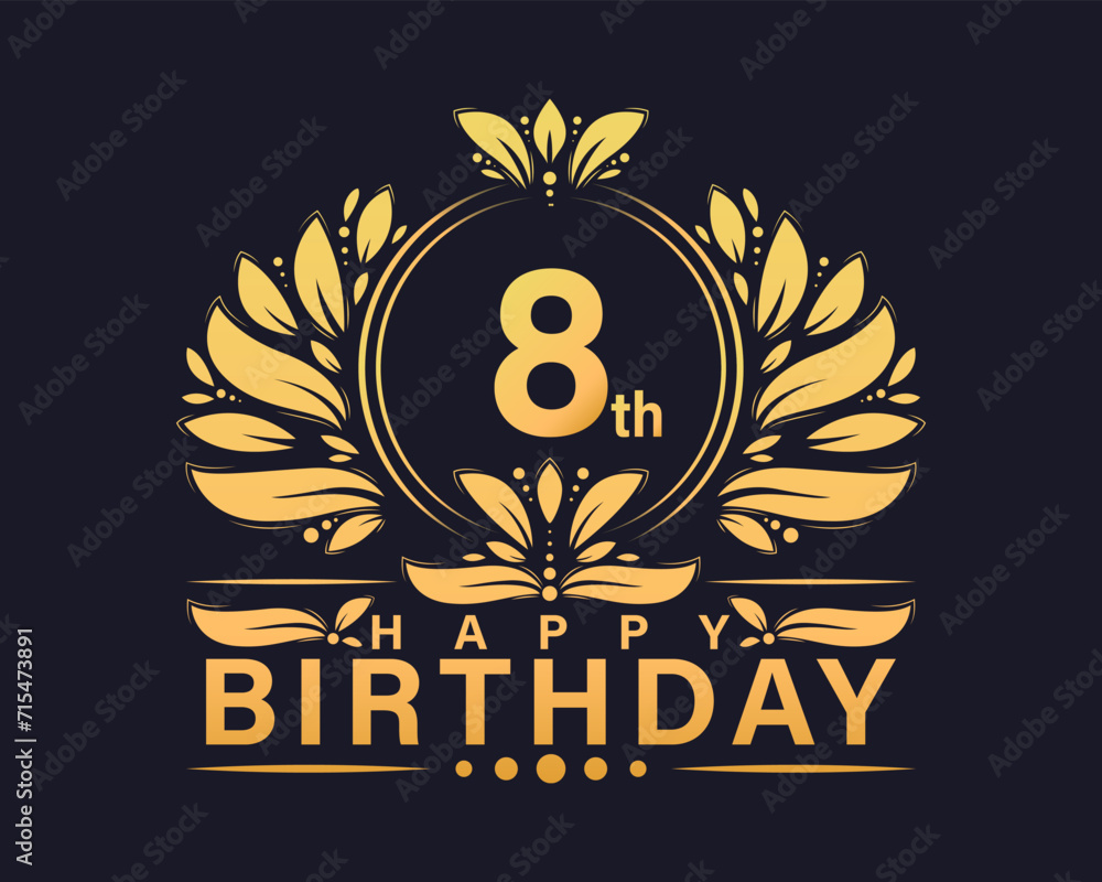 8th Birthday shiny golden design. Luxurious greeting birthday celebration graphic.