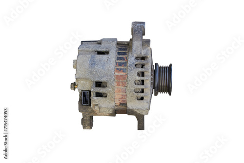Old alternator for the car isolated, not working rusty old alternator for the car on white background