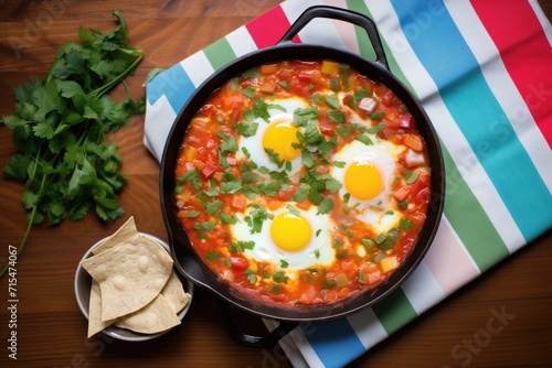 panned out photo of shakshuka on rustic wood with napkin photo